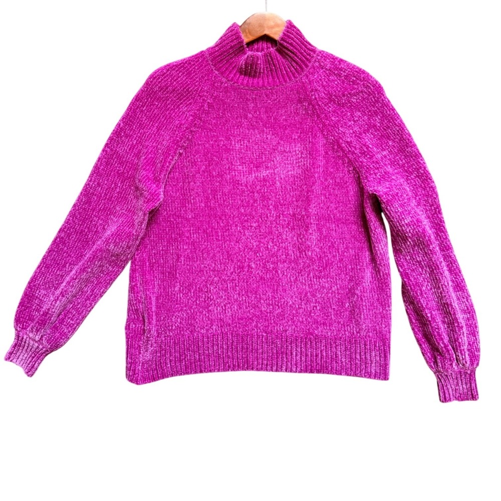 LOFT Sweater Womens M Chenille Mock Neck Magenta Pink Raglan NEW